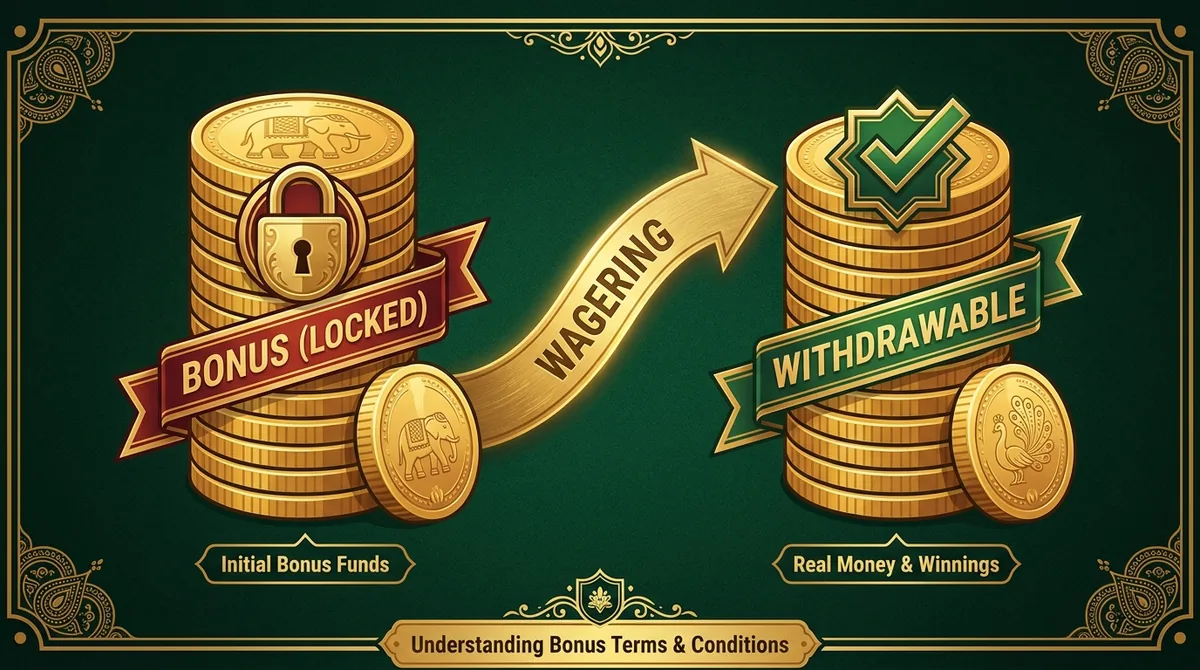 Infographic detailing bonus credit locking and wagering clearance requirements.